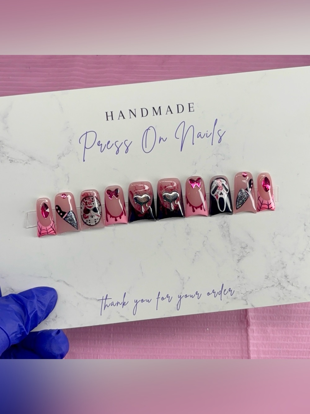 Medium duck press on nails Halloween pink black rhinestones handmade custom